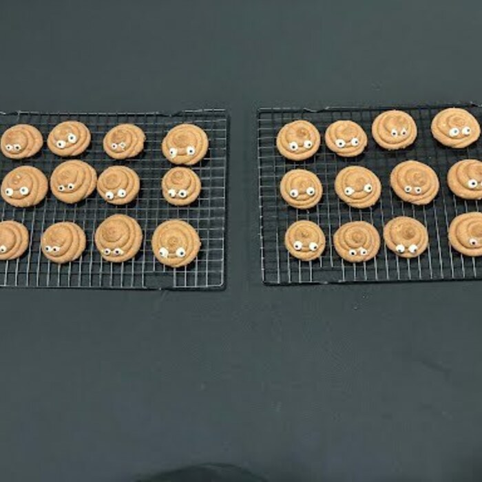 Trays of Dumpty's Poop Cookies cooling off